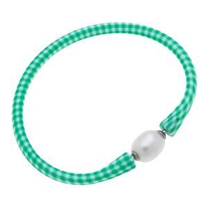 Freshwater Pearl Silicone Bracelet - Gingham Green